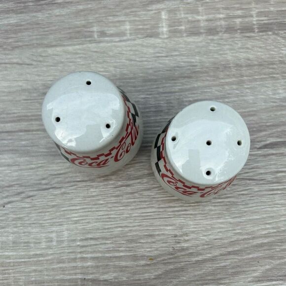 Vintage Coca Cola Salt & Pepper Shakers Set OS White Checkered Retro Ceramic - Picture 6 of 8